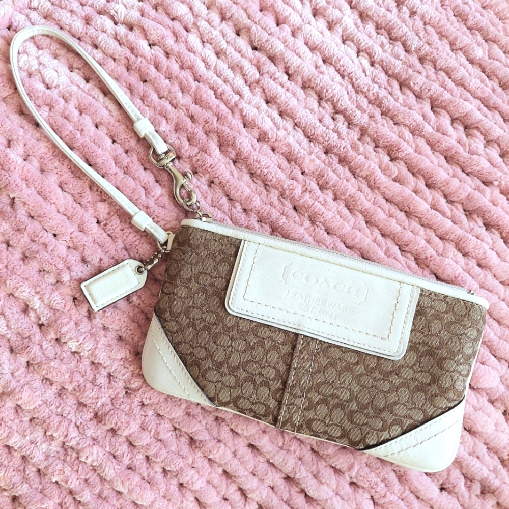 Coach Brown Micro Signature Canvas with Off White Leather Trims Wristlet